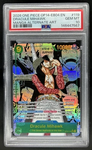 2026 One Piece Dracule Mihawk Secret Rare Alt Manga Art #OP14-119 PSA 10