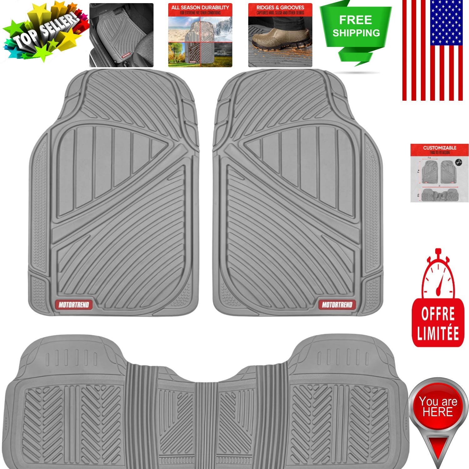 Versatile 3-Piece Rubber Floor Mats for Cars, Trucks & SUVs - Universal Fit Gray