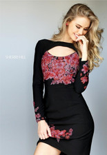 Sherri Hill Black short Mini beaded dress size 4, Floral, Long Sleeves, GORGEOUS