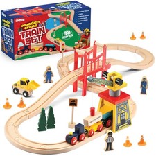 Wooden Train Set Toddler Toys - 38 Pieces Wood Train Track Set for Toddlers 3...