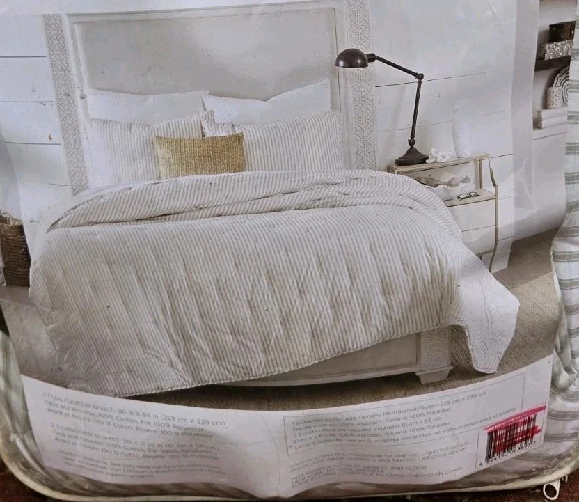 Conjunto de 3 peças Coastal Living Quilt & 2 Shams Full/Queen 90" x 88" listras tique-taque - Imagem 2 de 3