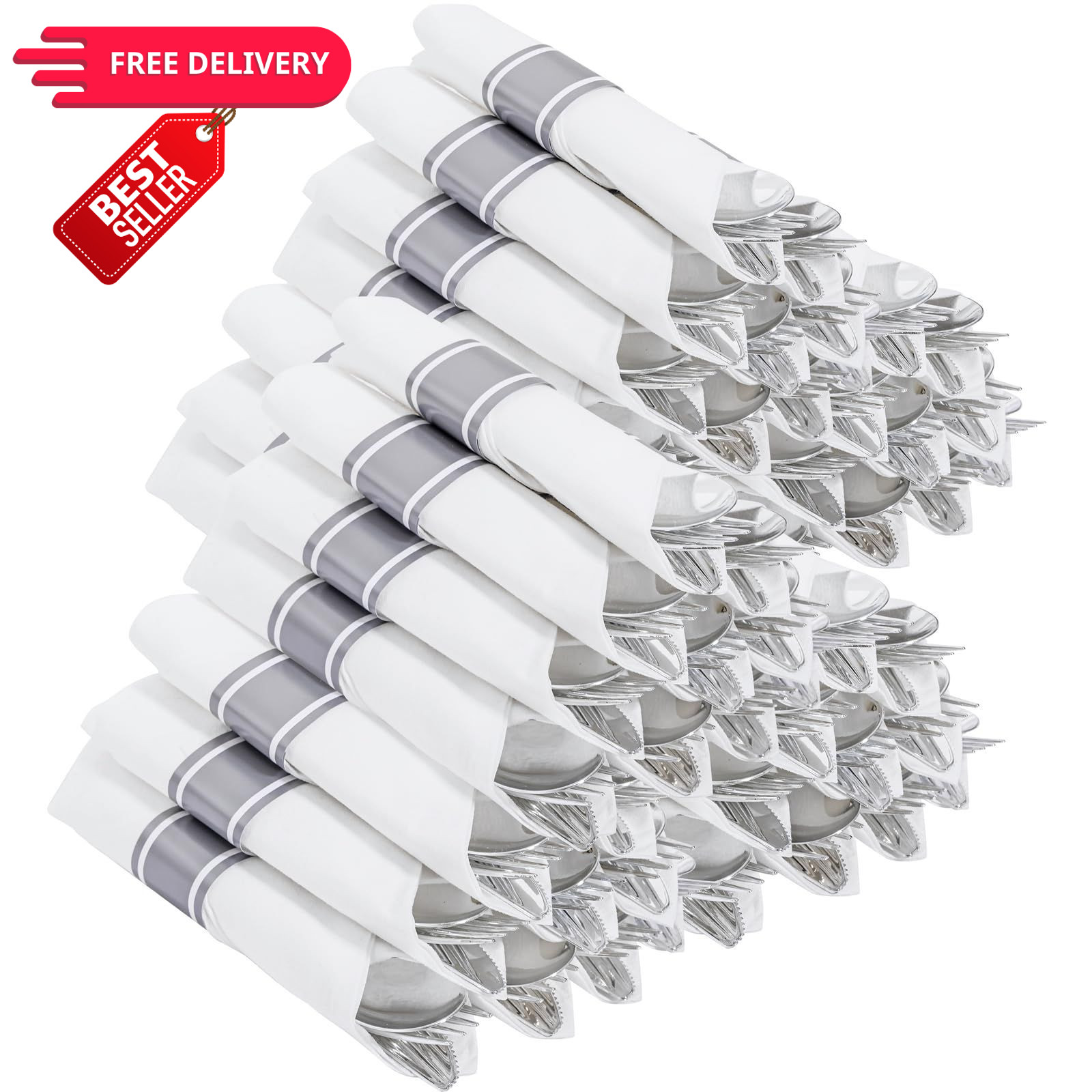 400PCS Pre Rolled Silver Plastic Silverware Sets 7.8 inch, - Classic