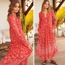 Free People See It Through Maxi Dress in Red Floral Size Large Bohemian