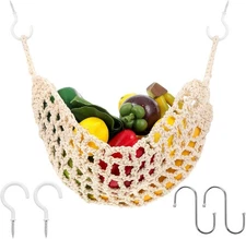 Hanging Fruit Hammock with Hooks Under Cabinet Macrame Basket for Kitchen Hand-W