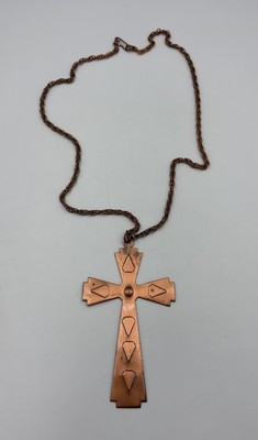 Vintage Large Modernist Cross Pendant Necklace Copper Gothic Medieval 24 
