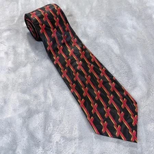 Steven Harris Hand Made Black Red Gold Cross Print Silk Blend Necktie