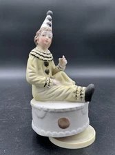 Vintage Matte Bisque Porcelain Musical Puppet Clown Plays Puppet On A String