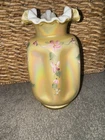 Vintage Fenton Yellow Iridized Hand-Painted Signed Ruffled & Pinched Vase