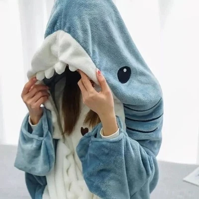 Kids & Adult Flannel Shark Blanket Hoodie Super Soft Cozy Blanket Sleeping Bag