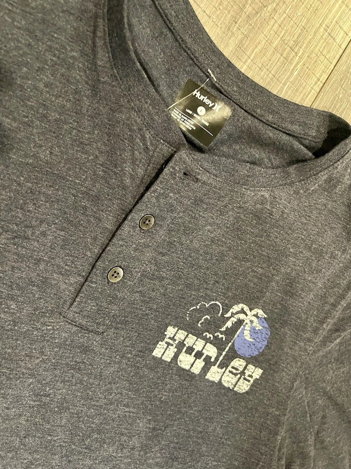 Hurley Men’s Graphic Long Sleeve Henley Shirt Beach Palm Tree Surf Large New - Image 4 of 4