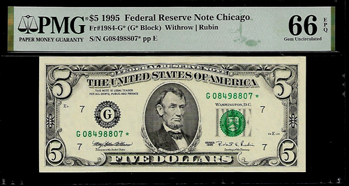 $5 US 1995 Star Note PMG 66 EPQ UNC Fr #1984-G* FRN Chicago Withrow/Rubin