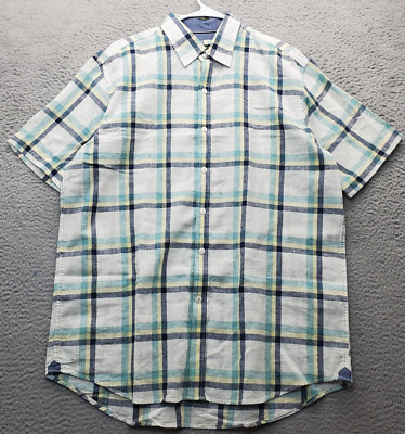 Club Room Button-Down Shirt Mens Large Multi Plaid Linen Short Sleeve Collared