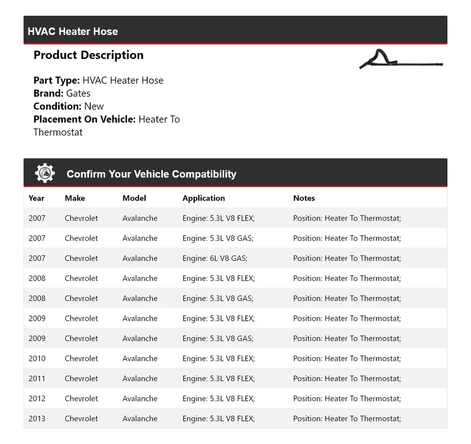 Para Chevrolet Avalanche 2007-2013 HVAC Calefacción Manguera Calentador A Termostato Puertas Foto 2 de 3