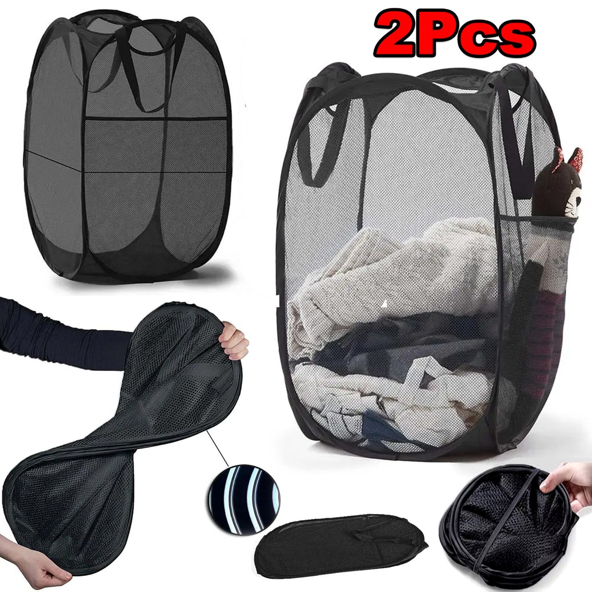 x2 Laundry Bag Pop Up Washing Foldable Laundry Basket Bag Mesh