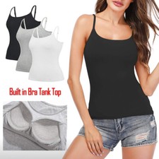 Women Basic Stretch Neck Cami with Built-in Shelf Bra Spaghetti Strap Tank Tops