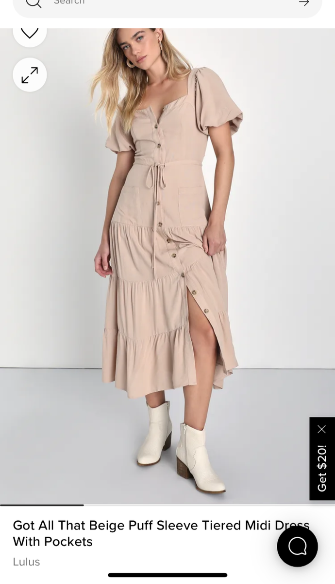Lulus Got all that beige puff sleeve tiered midi dress with pockets | eBay