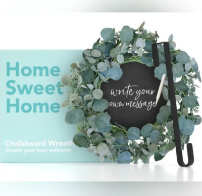 Welcome Sign for Door with Chalkboard includes metal wreath hanger 
