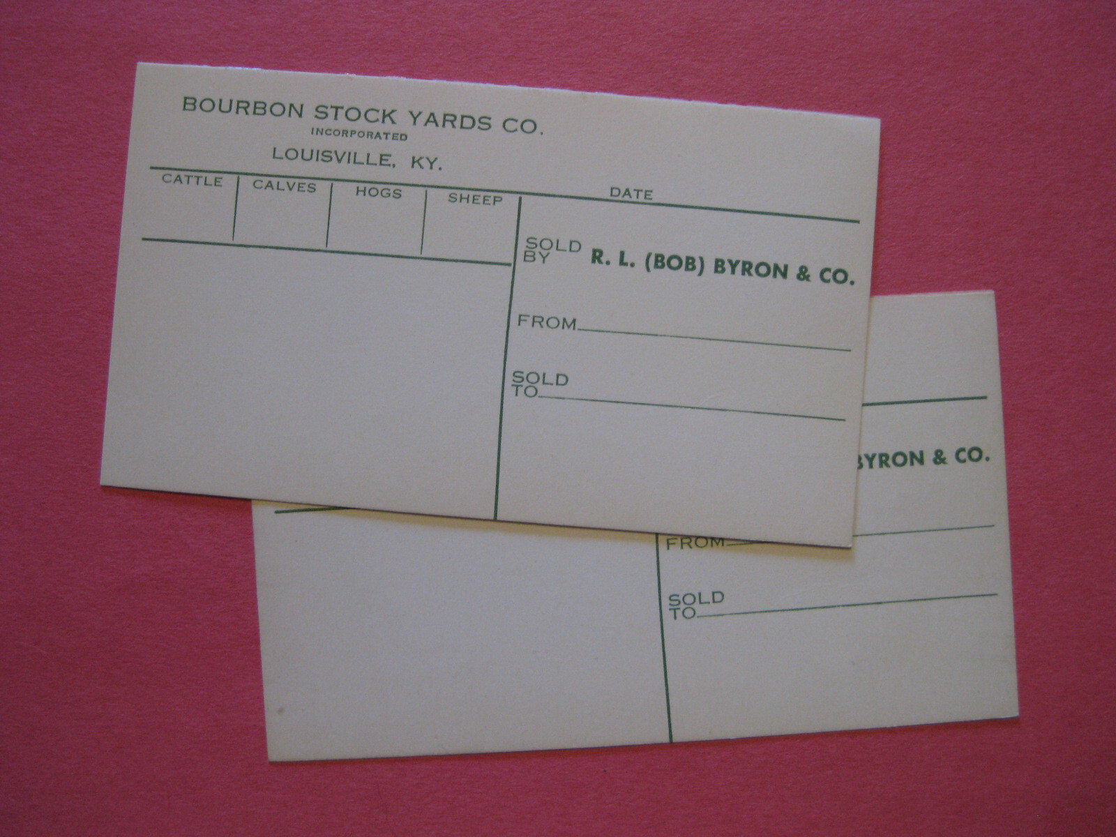 TWO REGISTRATION / CONSIGNMENT CARDS: BOURBON STOCK YARDS LOUISVILLE ...