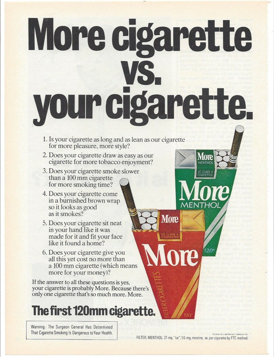 120mm cigarette More 120mm Cigarettes 1976 Original Print Ad 9 x 11