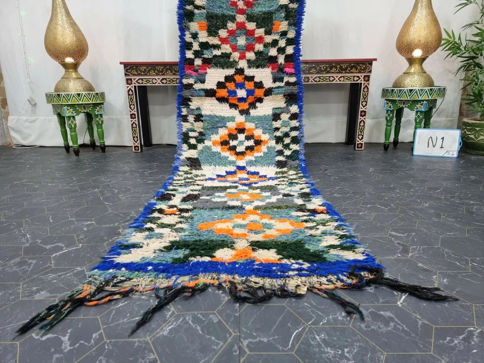 Moroccan Handmade Vintage Runner 2'4"x9'3" Berber Geometric Orange Black Carpet  - Image 3 of 4