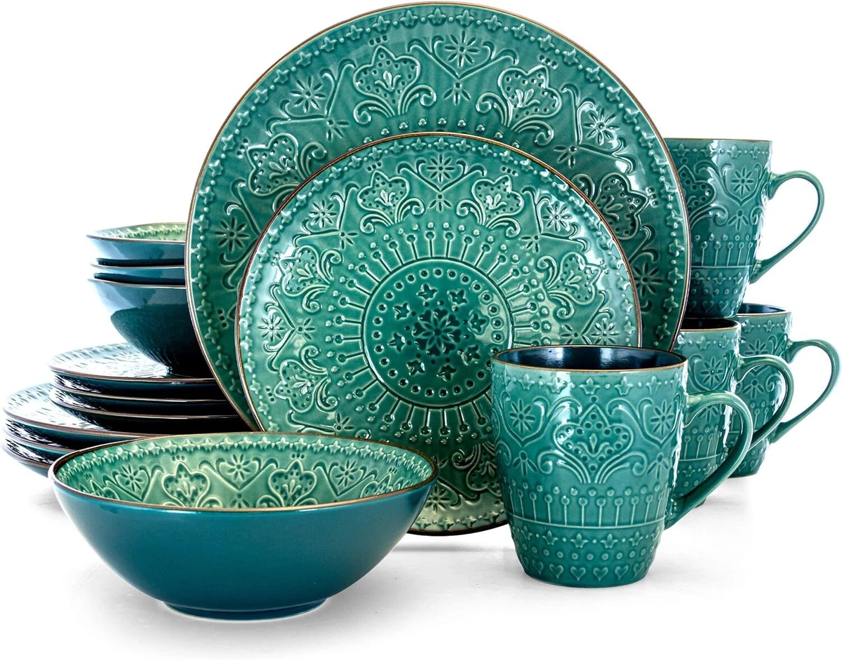 Vajilla Redonda De Gres En Relieve 16 Piezas Oceano Teal And Gre