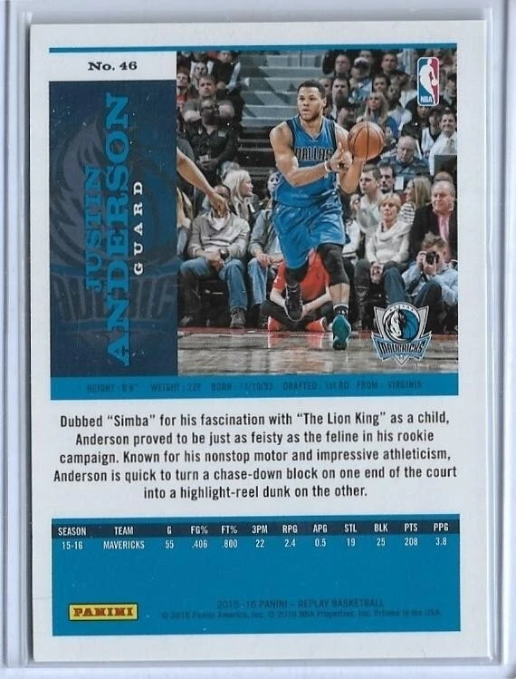2015-16 PANINI REPLAY JUSTIN ANDERSON ROOKIE CARD #46 ~ 01/99 UNIQUE ~ VIRGINIA - Image 2 of 2