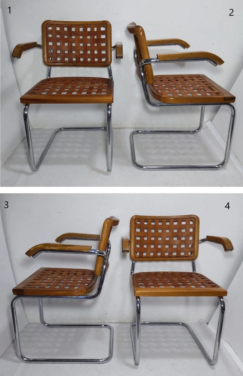Vintage Set of 4 Mid Century Modern Cantilever Leather Weave