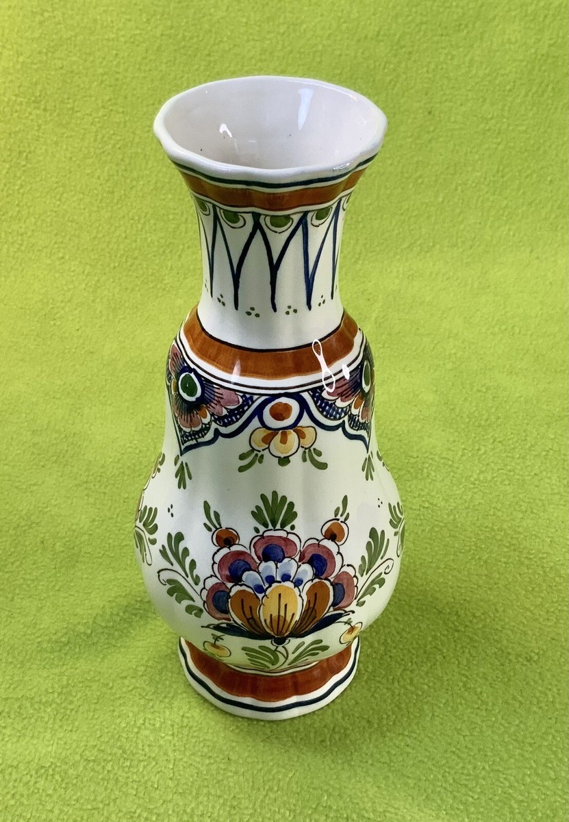 Vintage Dutch Delft Polychrome Multi Color 9” Vase Signed