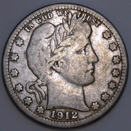 1912-S Barber Silver Quarter 90% Silver VG+ k173