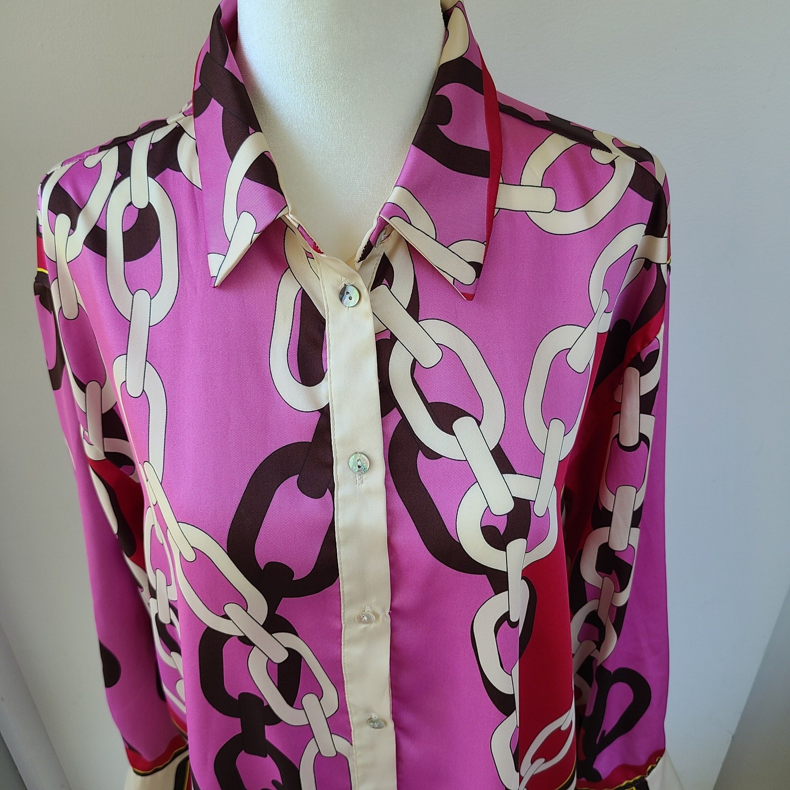 ZARA Woman Chain Print Long-Sleeve Button-down Satin Blouse FW22 Size Small EUC image 3