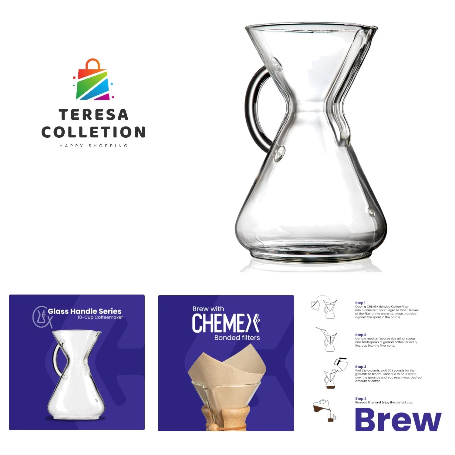 Manual Pour-Over Glass Coffeemaker - 10-Cup with Dishwasher Safe Features
