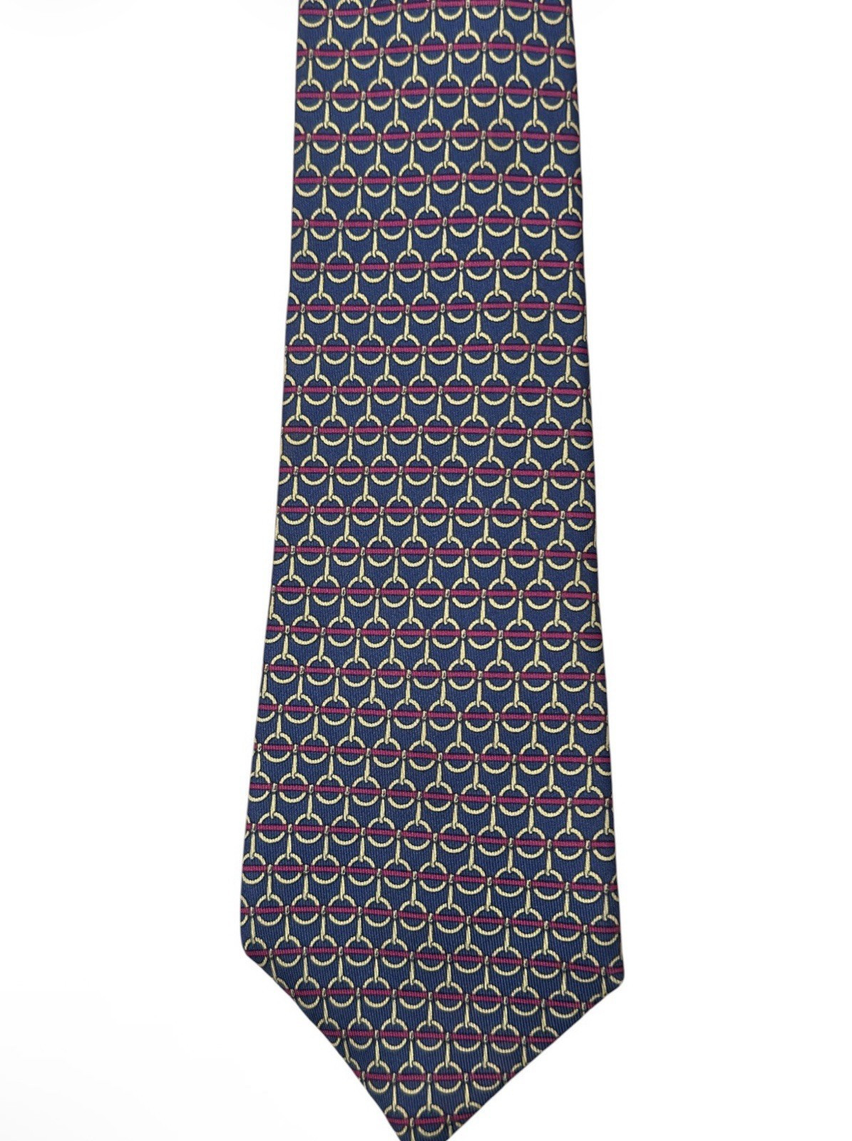 Hermès Men’s Designer Silk Woven Geometric Tie Blue Red Beige Logo