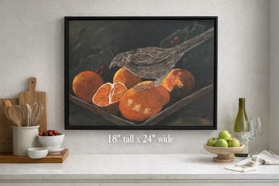 Sparrow Bird Oranges Still Life Painting 18x24 Moody Fruit Wall Art