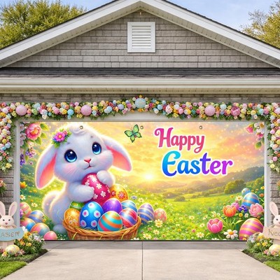 16x7ft Happy Easter Garage Door Banner Featuring Bunny Colorful Easter Eggs S...