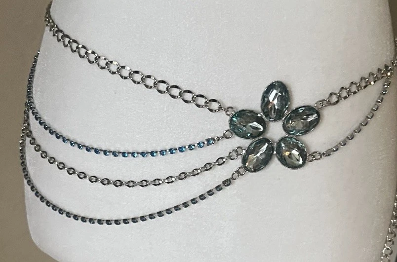 Винтажный синий со стразами цветок цепочка ссылка ремень мульти прядь серебристого тона фестиваль - Изображение 3 из 4