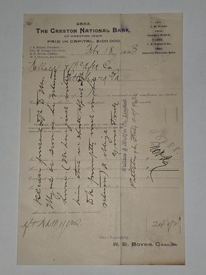 Antique 1893 Creston National Bank Letter Creston Iowa Signed R E Boyer Banking