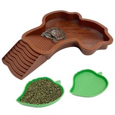 3 PCS Tortoise Water Dish Bathing Pool With Ramp Leaf Reptile Food Bowl