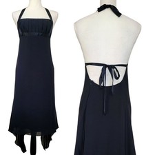 BCBGMAXAZRIA Black Silk Halter Neck Open Tie-Back Midi Y2K Retro Dress Size 4