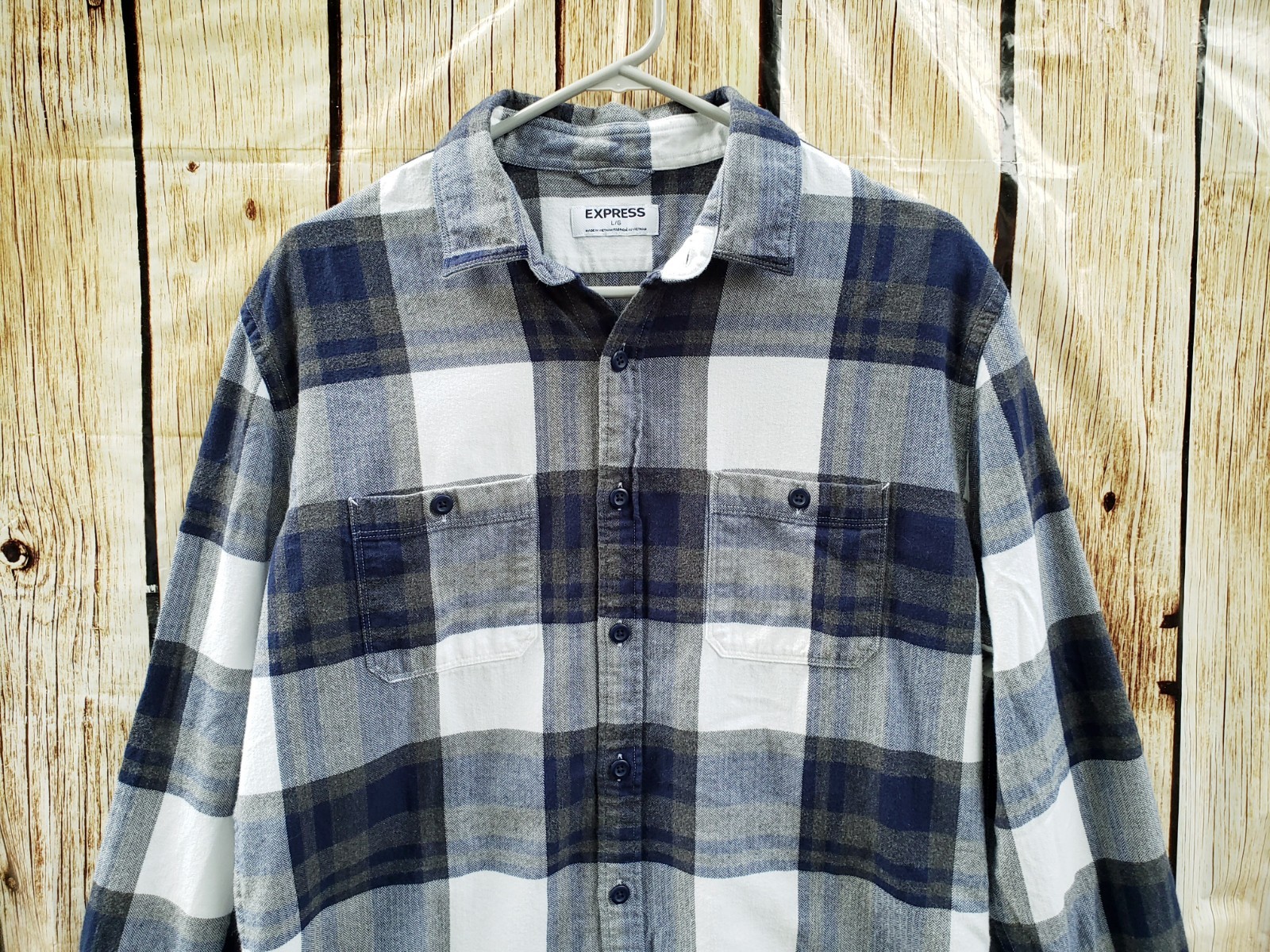 🔥 Express Button Down Gray Blue White Plaid Shir… - image 3