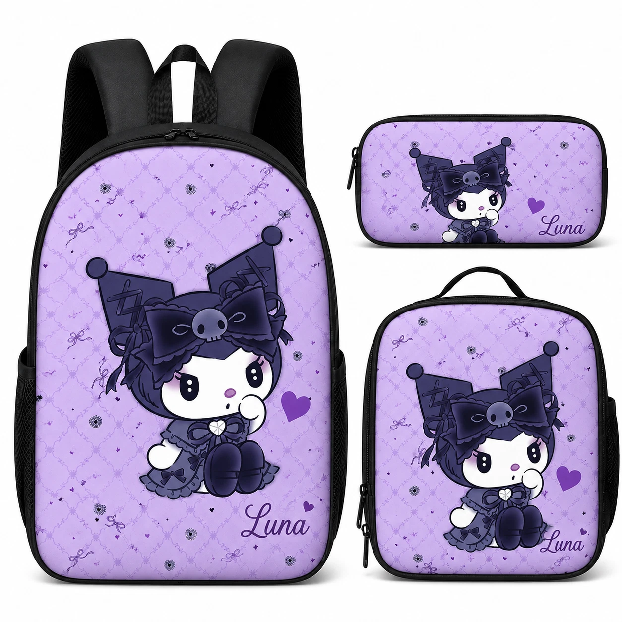 Personalized Purple Fantasy Character Backpack Set Lunch Bag Pencil Case