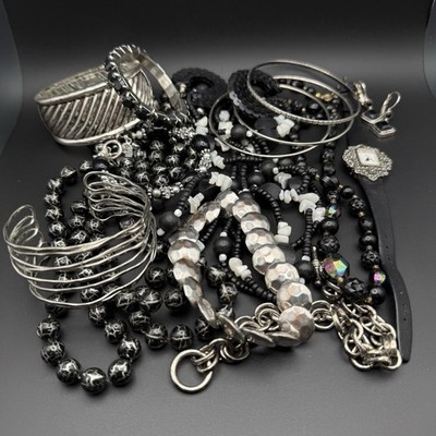 Vintage Black Silver Tone Mixed Jewelry Lot Necklaces Earrings Bracelets Bangles