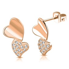 925 Sterling Silver Rose Gold-Tone CZ Dangle Stud Love Heart Earrings, 0.45"