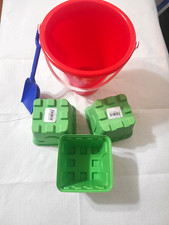 Plastic Beach Sand Toy Set: Red Bucket, Blue Shovel Green Sand Molds