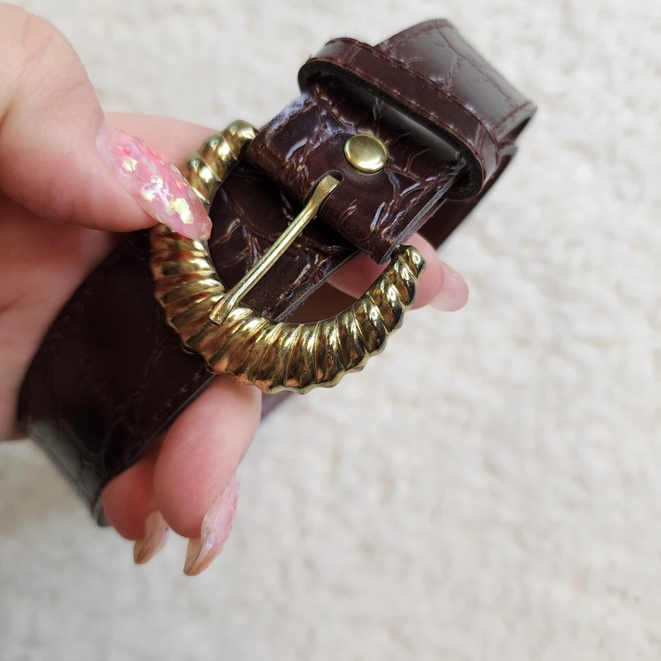 Vintage Faux Patent Brown Leather Belt Gold Hardware Statement Fashion - Изображение 4 из 4