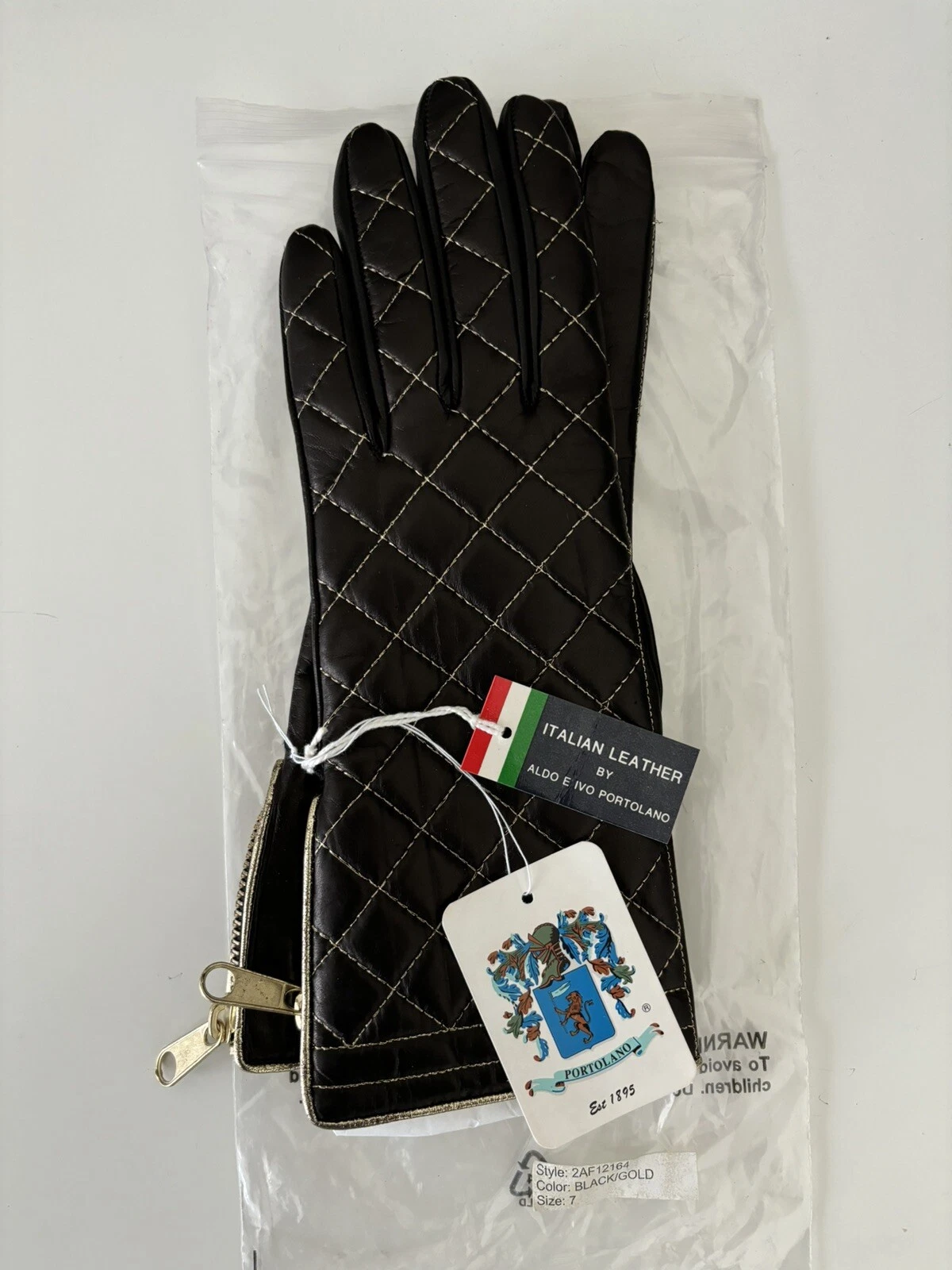 Portolano Gloves Black Quilted Leather with Contrast Diamond Embroidery -Size 7