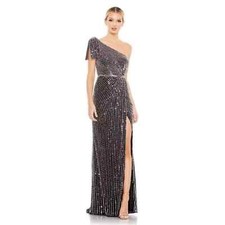 NWT Mac Duggal Black Pearl Sequin One Shoulder Bow High Slit Maxi Dress Size 2