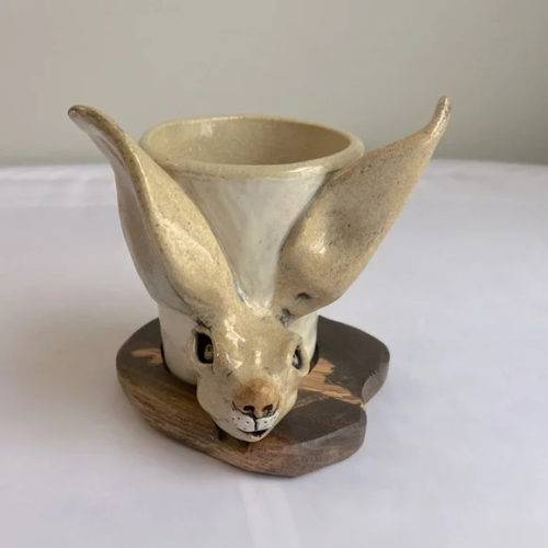Hand Made Pottery Hare Rabbit Cup With Wooden Carved Platform - Picture 1 of 12