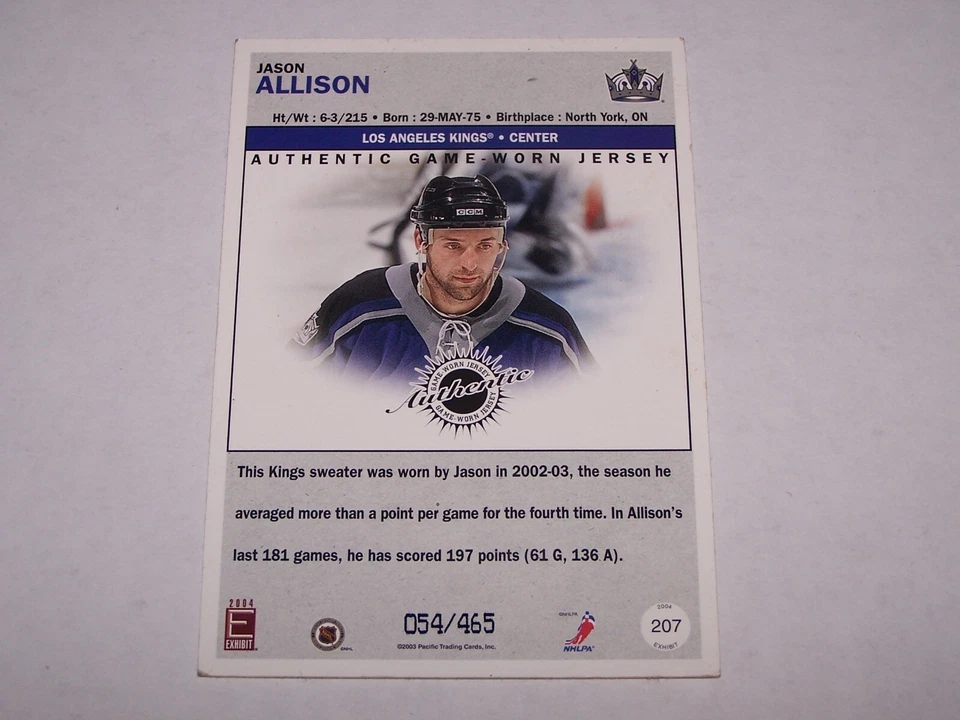 2004 Exhibit Authentic Game Worn Jersey Card Jason Allison Hockey L.A. KINGS #ed - Image 2 of 2