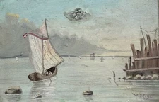 19th CENTURY IMPRESSIONIST SAILBOATS ON THE SEA COAST CASTLE DENMARK VN 1892