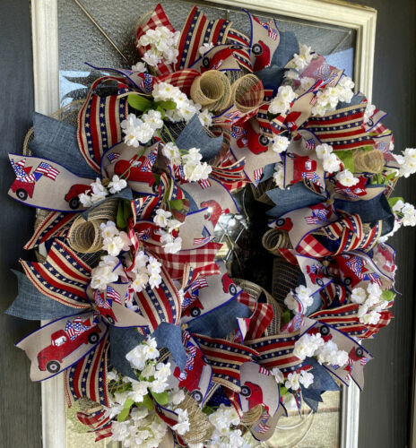 XL Patriotic Floral 4th of July Country Truck Farmhouse Front Door Wreath Decor - Picture 3 of 6